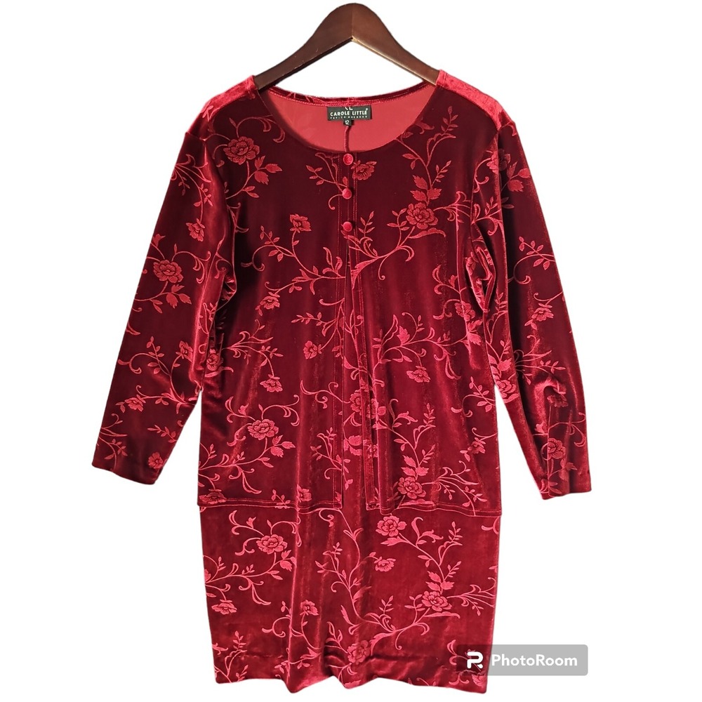 Carole Little Petite Dresses Red Floral Velvet Layered Topper Attached Dress 12